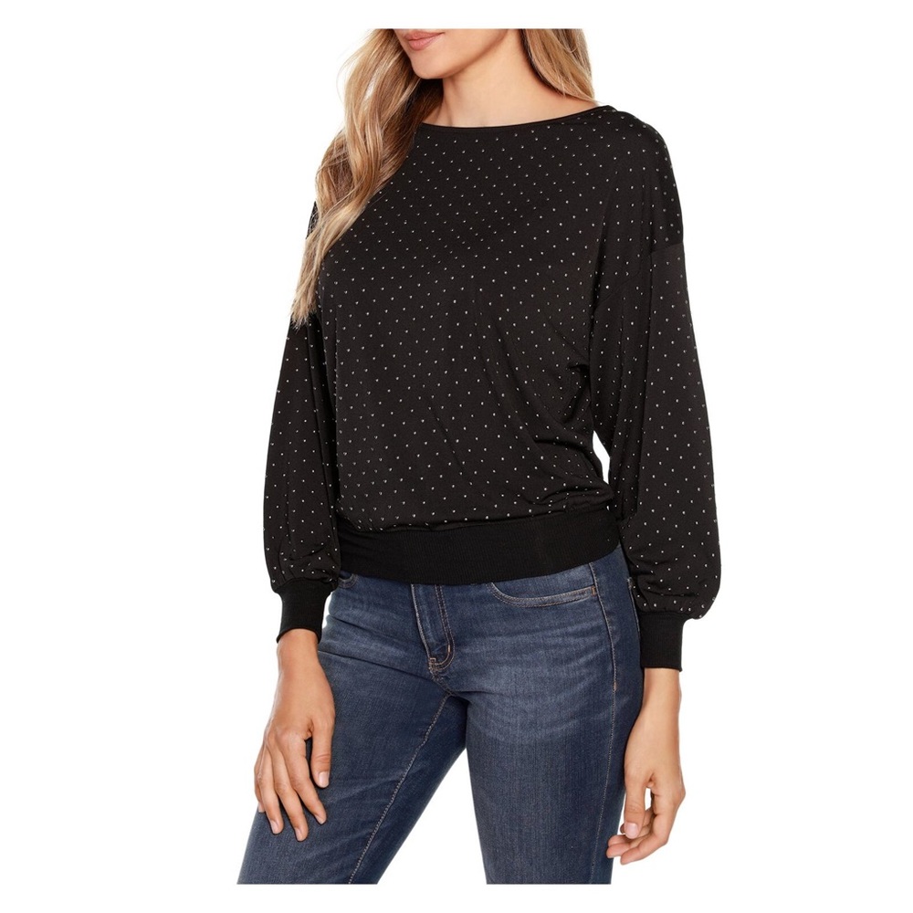 BELLDINI Womens Black Pullover Long Sleeve Boat Neck Top Studded